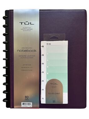 NEW TUL Discbound Notebook With Plum Leather Cover, Narrow Ruled 60 Sheets